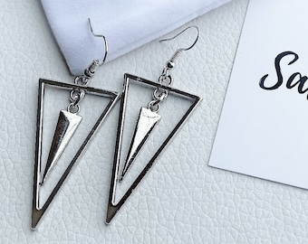 Silver Triangle Earrings, Gothic Silver Earrings, Silver Grunge Earrings, Geometric Drop Earrings, Statement Earrings, Drop Earrings