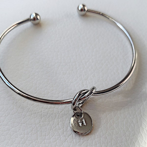 Knot Silver Cuff Personalised Bracelet, Initial Pendant Stacking Bangle, Bridesmaid Gift Ideas, Love Knot, Tie the Knot Bracelet, Gift her