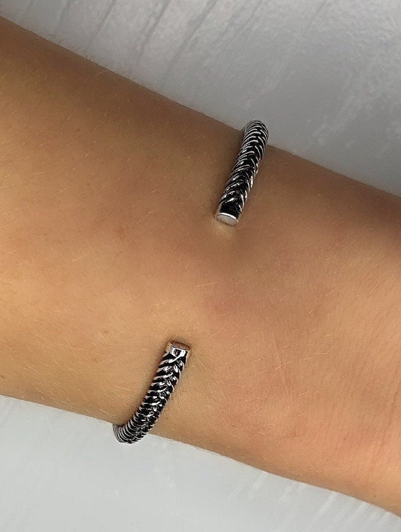 Stackable chunky bracelet Gift Dark Silver Design Oxidised Sterling Silver Textured Cuff Bangle Layering Bracelet Adjustable Size