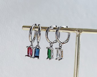 Sterling Silver Huggie Hoops: Emerald & Sapphire Drop Earrings