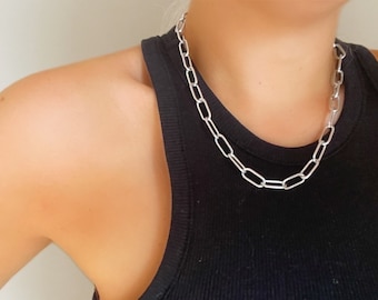 Gros collier chaîne à superposition de trombone, gros tour de cou en argent, chaîne de trombone en argent, collier à superposition d'argent, chaîne en argent grunge