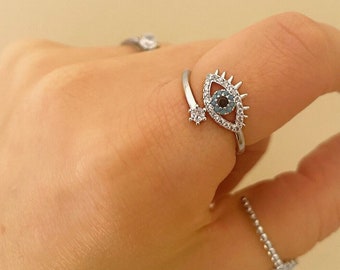 Silver Evil Eye Ring: Adjustable Evil Eye Ring