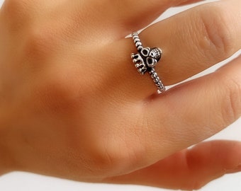 Skull Ring, Silver Skull Ring, Skull Crown Ring, 925 Silver Grunge Ring, Skull Face, Adjustable Size, Open band ring, Gift for her
