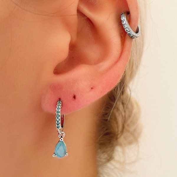 Turquoise Pear Drop Huggie Earrings, Turquoise Paved Hoop Earrings, Sterling Silver Mini Hoops, December Birth Stone Charm, Summer Hoops