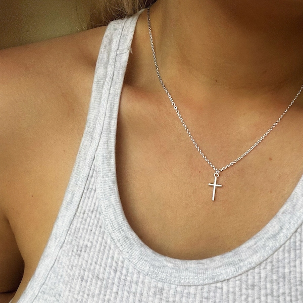 Dainty Silver Cross Necklace | Crucifix Pendant Necklace | Simple Silver Chain | Women Cross Layering Necklace | Gift idea for Her