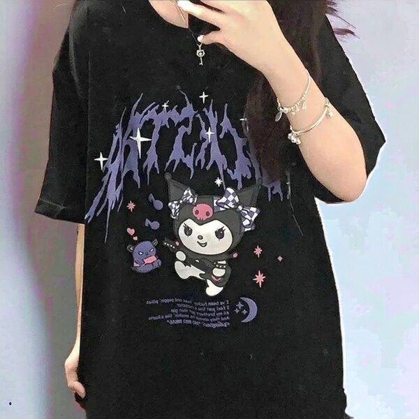 Sanrio Kuromi Gothic Tees, Vintage Design Tide Short Sleeve T-shirts, Crop Top Y2k Women Girls Clothing, Couples Summer Tops