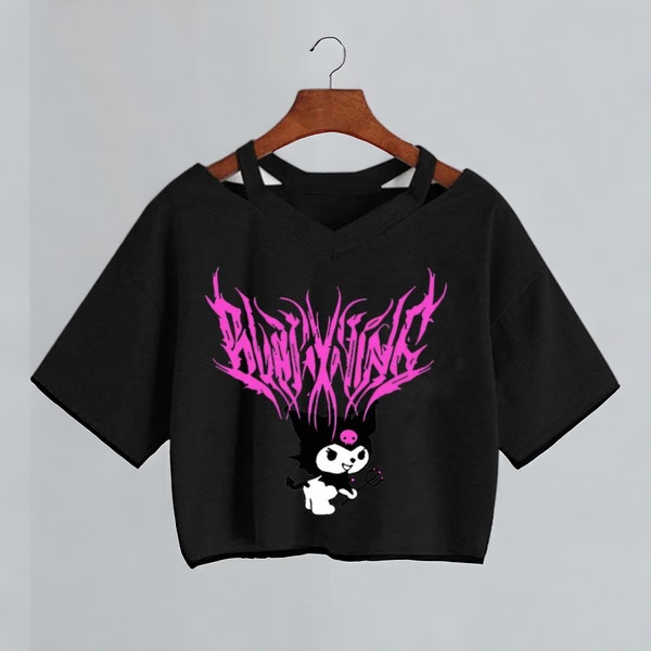 Vintage Kawaii Kuromi Cropped, Funny Cartoon T-Shirt, Women Sanrio T-shirt Y2k, Graphic Tshirt, Streetwear Crop Top Tees Female