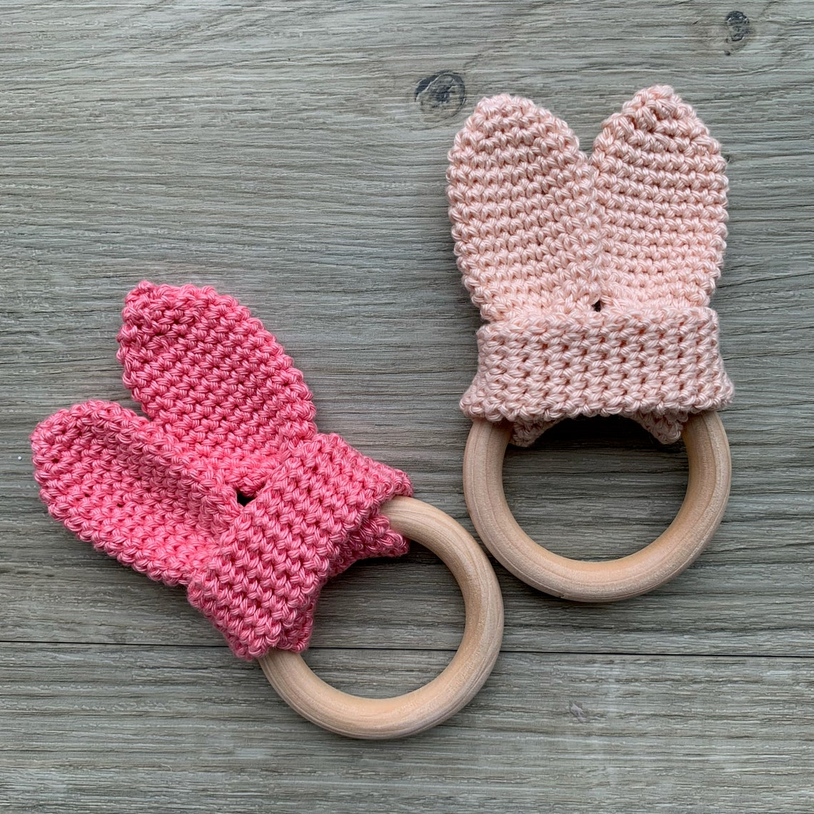 X1 Pc Handmade Baby Teether Natural Wooden Ring Crocheted Bunny Ears Etsy