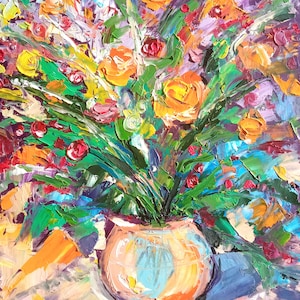 Pintura a óleo de rosas, abstrata, impasto, natureza morta, arte de parede original, buquê floral, mês de nascimento de junho, flores, arte, 10" x 8" por SkorokhoArtLine