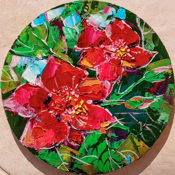 Fleurs d'hibiscus, peinture à l'huile originale empâtement, planche ronde, décoration florale moderne, art mural hibiscus rouge 7,3 po. par 7,3 po. par SkorkhoArtLine