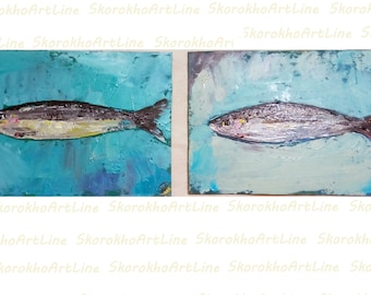 Arte de sardina Original Impasto Pintura al óleo Sardinas Miniatura Naturaleza muerta Arte de pared Arte de cocina Decoración original del hogar 7" por 5"SkorokhoArtLine