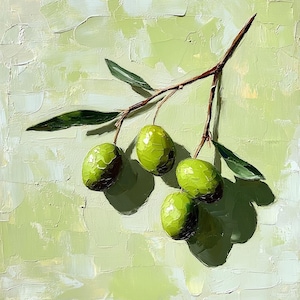 Pintura de azeitonas, arte de parede para cozinha de casa nova, decoração original de cozinha francesa em impasto, arte em carvalho verde-oliva de 8" por 8" da SkorokhoArtLine.