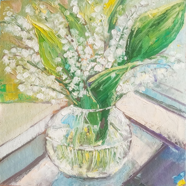 Muguet, peinture, mois de naissance, oeuvre d'art, oeuvre d'art originale, peinture à l'huile, printemps, nature morte florale, décoration d'intérieur, art mural, 20 x 20 cm