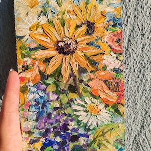Daisy Poppy Delphinium Pintura Impasto Arte Original Meadow Floral Pintura Óleo Miniatura Floral Presente Arte 7,5" x 4,5" por SkorokhoArtline