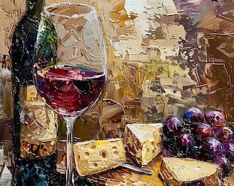 Dipinto ad olio impasto vino e formaggio, arte murale semi-astratta per cucina