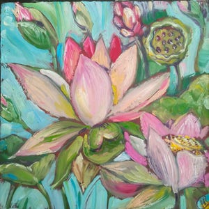 Lotus Painting Water Lily Oil Original Wall Art Blooming Pond Abstract Mini Oil Painting Pink Lotus 6&quot; by 6&quot;  Home Decor by SkorokhoArt