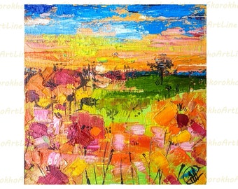 Kalifornien Mohnblumen Malerei Landschaft Impasto Original Wand Kunst Toskana Wildblumen Wiese Gemälde Wohnkultur 15 x 15 cm by SkorokhoArtLine