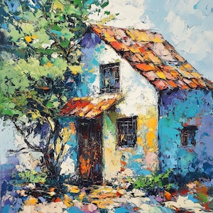 Irish Cottage Painting White Cozy Home Landscape Original Oil Painting Artwork 8"x8" Wall Art Home Decor Gift Idea by SkorokhoArtLine