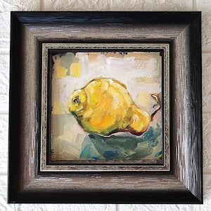 Pintura de pêra Cozinha Natureza morta Frutas originais Estilo de belas artes Decoração para casa Pintura a óleo Abstrata OOAK Pêra verde 5"x7" por SkorokhoArtline