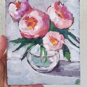 Peony Painting Original Oil bouquet Hand Painted Artwork Peonies Floral Wall Art Gift Idea Home Decor Art 7&quot; x 5&quot; by SkorokhoArtline