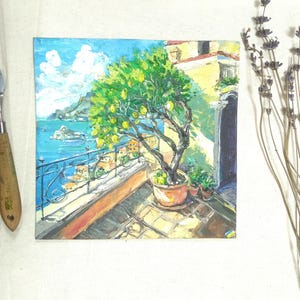 Positano Lemon Tree Oil Painting: Amalfi Coast Italian Riviera Art (8x8)