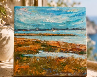 Dipinto di erba marina e cielo – Tranquillo paesaggio costiero, opera d'arte originale a olio