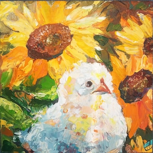 Mini pintura a óleo de pintinho, 14 cm x 14 cm, girassóis, fazenda, pássaros, retrato, pintinho amarelo, decoração original para casa, empastado, por SkorokhoArtLine