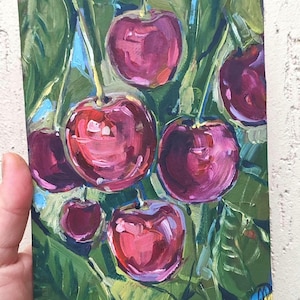 Pintura a óleo de galho de cerejeira, natureza morta original, arte de parede em miniatura, arte de maçã, decoração de cozinha, vegetais rústicos, 7" x 5" SkorokhoArtLine