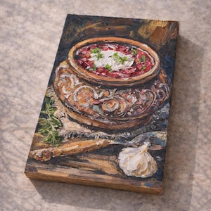 Peut inclure: Peinture à l'huile d'un bol en céramique rustique rempli d'un ragoût rouge, garni de crème blanche et d'herbes vertes. Une cuillère en bois, de l'ail et des herbes sont également représentés. L'œuvre est sur un panneau de bois.