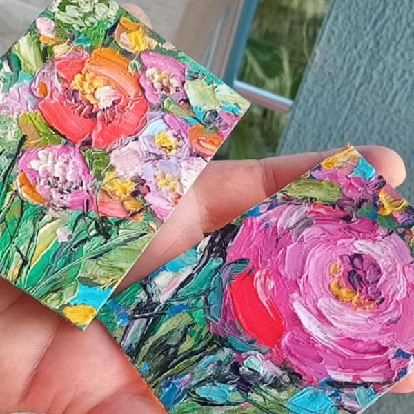 ACEO Painting Roses Floral Mini 2 Art set impasto, Bright Abstract rose red Flowers Oil Painting Wall Art 3,5" by 2,5"  by SkorokhoArtLine