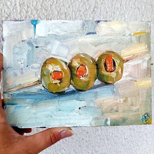 Pintura de aceitunas, arte de pared para cocina, casa nueva, empaste, regalo original, decoración de cocina francesa, obra de arte OOAK de oliva verde de 5 x 7 pulgadas de SkorokhoArtLine.