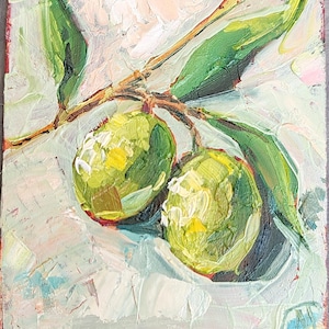 Pintura de azeitonas, arte de parede para cozinha de casa nova, presente original Impasto, decoração de cozinha francesa, arte em carvalho verde-oliva de 5" por 7" da SkorokhoArtLine.