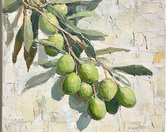 May include: Oil painting of a branch of green olives with leaves. The olives are a vibrant green, and the leaves are a mix of green and brown. The background is a textured, off-white surface.