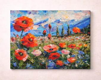 トスカーナのポピー畑の油絵、花の風景画（11x13） - Etsy 日本