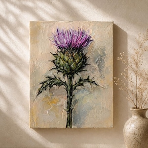 May include: An oil painting on canvas featuring a single thistle plant with a vibrant purple flower head and a textured green stem. The background is a neutral, creamy beige with visible impasto brushstrokes, creating a tactile surface.
