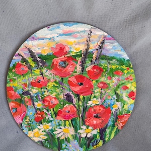 Pintura de Papoula Margarida "Não me esqueças", İmpasto, Campo de Flores Silvestres, Óleo, Arte Original, Quadro Redondo, Arte de Parede, 7,5" x 7,5" por SkorkhoArtLine