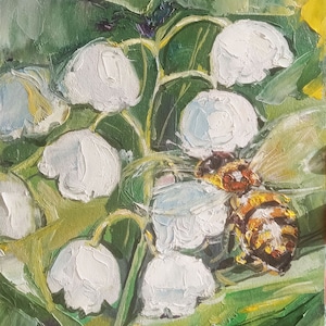 Pintura de lírio do vale, mês de nascimento, arte floral, pintura a óleo original, pintura de abelha, flores de maio, decoração para casa, arte de parede, arte personalizada