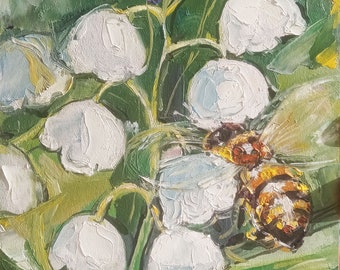 Peinture de muguet, mois de naissance, oeuvre de fleurs, peinture à l'huile originale, peinture d'abeilles, fleurs de mai, décoration d'intérieur, art mural, art personnalisé