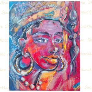 Pintura de mujer afroamericana al óleo, impasto, arte original, reina de África, chica mágica, retrato de bruja, arte de pared, decoración del hogar, 30 x 20 cm