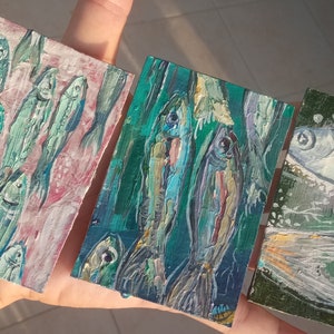 Pintura de sardinha peixe original ACEO Kitchen Artwork 3,5" por 2,5" cartão de visita do artista Anchova Mini Art Fish Painting por SkorkhoArtLine