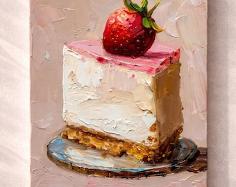 Impasto Cheesecake Oil Painting: Candy Pink Dessert Still Life Kitchen Decor