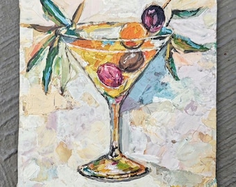 Original Dirty Martini Ölgemälde – Küche Stillleben Kunst, Cocktail Wanddekoration, 13x18 cm