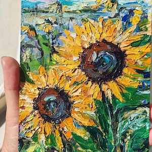 Pintura de girassóis empastado flores pintura a óleo original mini arte de parede pintada à mão floral texturizada OOAK arte 7" x 5" por SkorokhoartLine