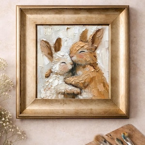 Romantic Rabbit Couple Oil Painting, Textured Neutral Wall Art, Collection of Small Original Love Artwork
