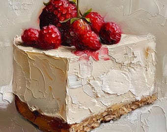 May include: A slice of cheesecake topped with fresh strawberries. The cake has a creamy white frosting and a golden-brown crust. The strawberries are a vibrant red, with green stems, and are arranged on top of the cake.