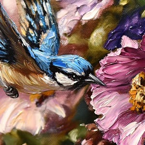 Margaridas, cravos, flores gladíolos, pinturas, pássaros azuis, gaios-azuis, beija-flores, pintura a óleo, arte original de verão, natureza, arte de parede
