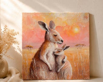 Pintura de una madre canguro, atardecer australiano cálido, animal de la colección Brainroot Happy Art, pintura al óleo con técnica impasto.