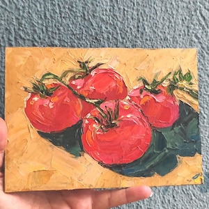 Tomato Painting Cherry Original Artwork Miniature OIl Painting Impasto Wall Art Food Kitchen Decor Rustic Vegetables 7&quot;by5&quot;SkorokhoArtLine