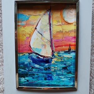 Ocean Coast, peinture 3D, bateaux OOAK originaux sur coucher de soleil empâtement, oeuvre de voilier texturée, décoration murale 7 x 5 po par SkorokhoArtLine