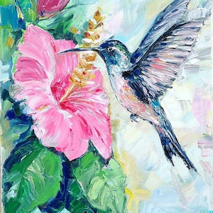 Pintura de beija-flor, arte de parede tropical do Havaí, pintura de pássaro, flor de hibisco, tela esticada, impasto, pintura original da SkorokhoArtLine